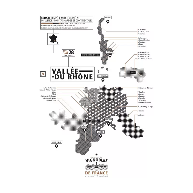 Affiche vins vallée du Rhône La majorette à Moustache