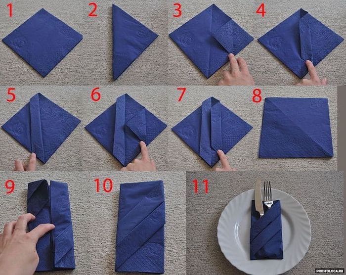 Pliage serviette - pochette à couverts bleue